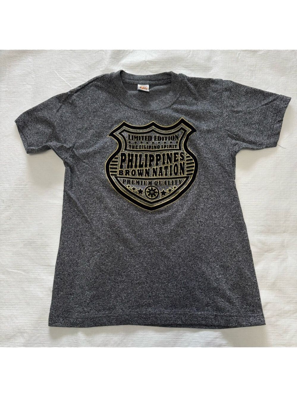 Philippine Brown nation Gray Kids Graphic Tee with Gold Print size 10